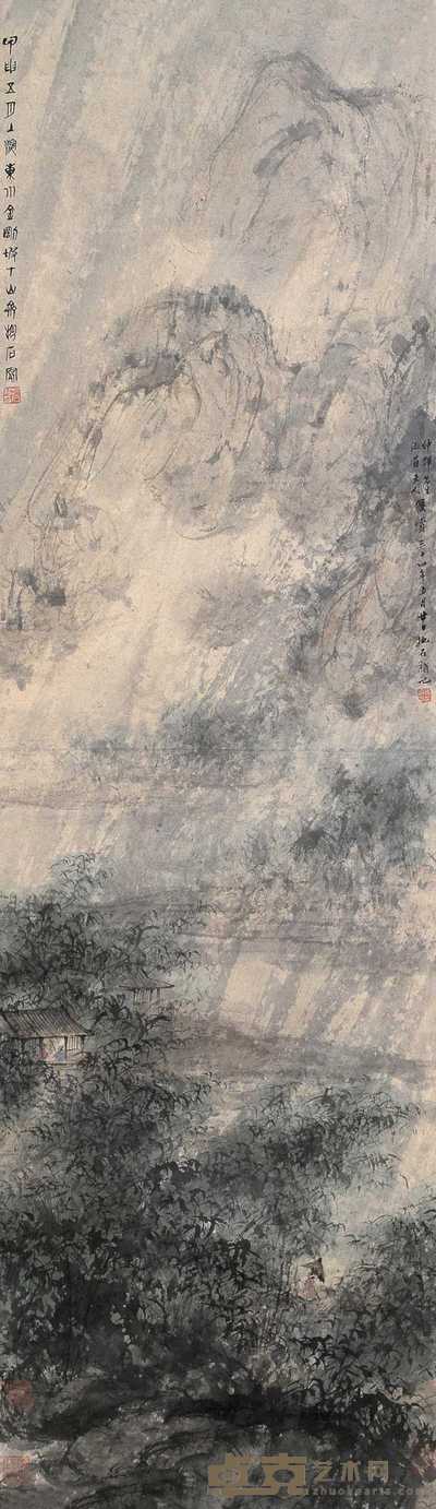 傅抱石 1944年作 万竿烟雨 立轴 133.5×40cm